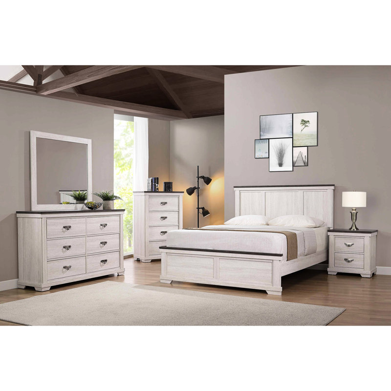 Rustic Bedroom Furniture: Full Size Panel Bed In Antique White & Brown With A Slatted Base