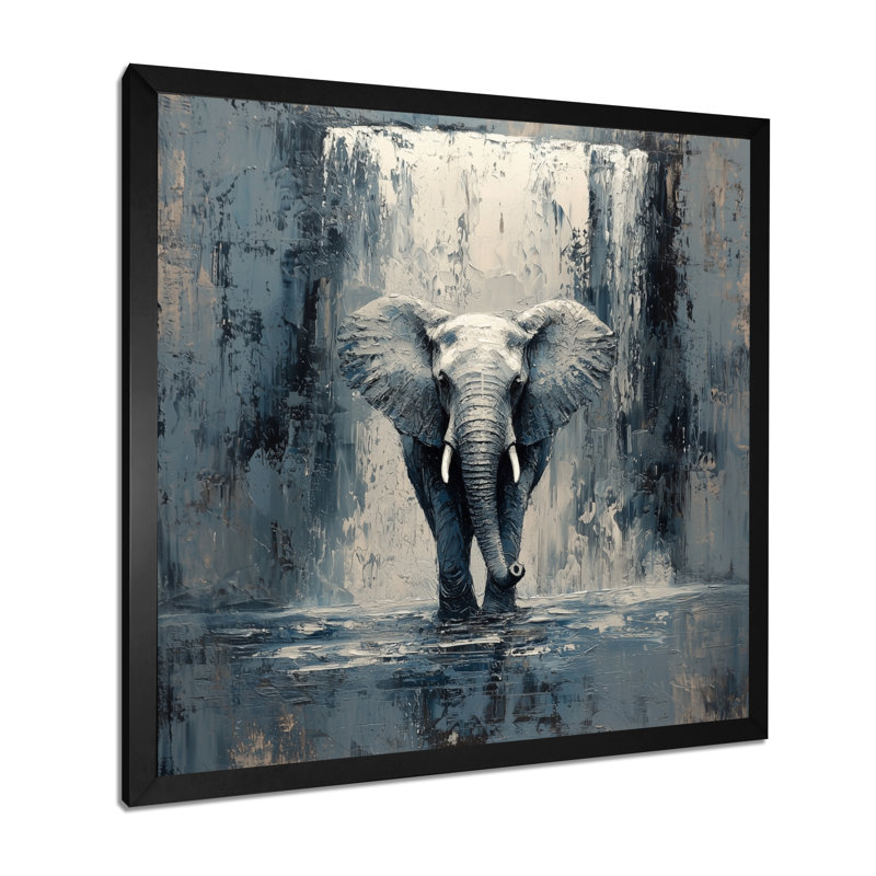 Éléphant monochrome et la cascade III - éléphant, art mural, H 16 po x l 16 po, Avec cadre, Noir
