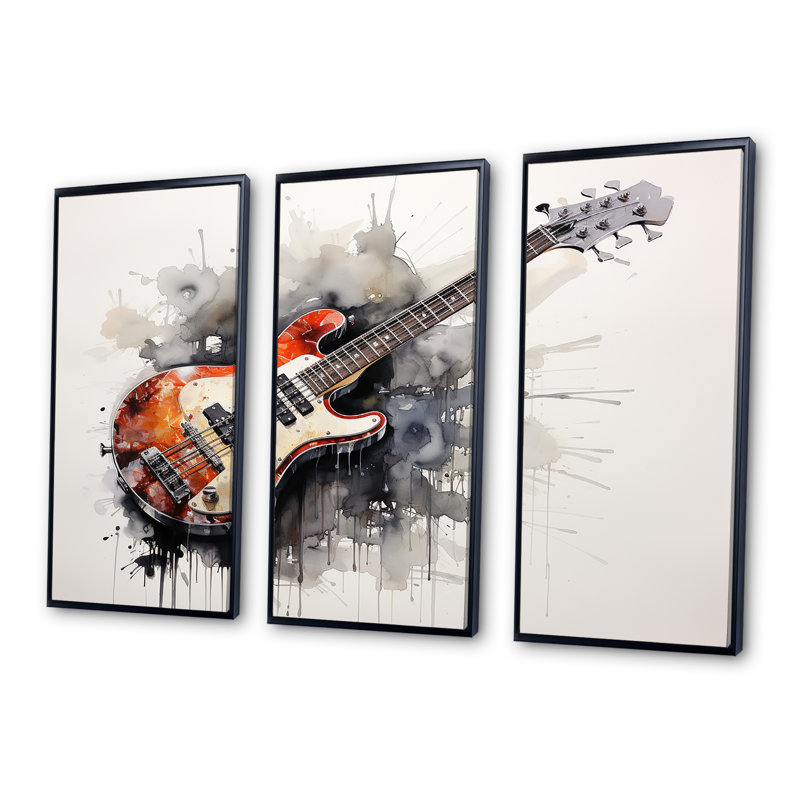 «Brown Charcoal Guitare», art mural musique, H 40 po x l 61 po, Cadre flottant noir