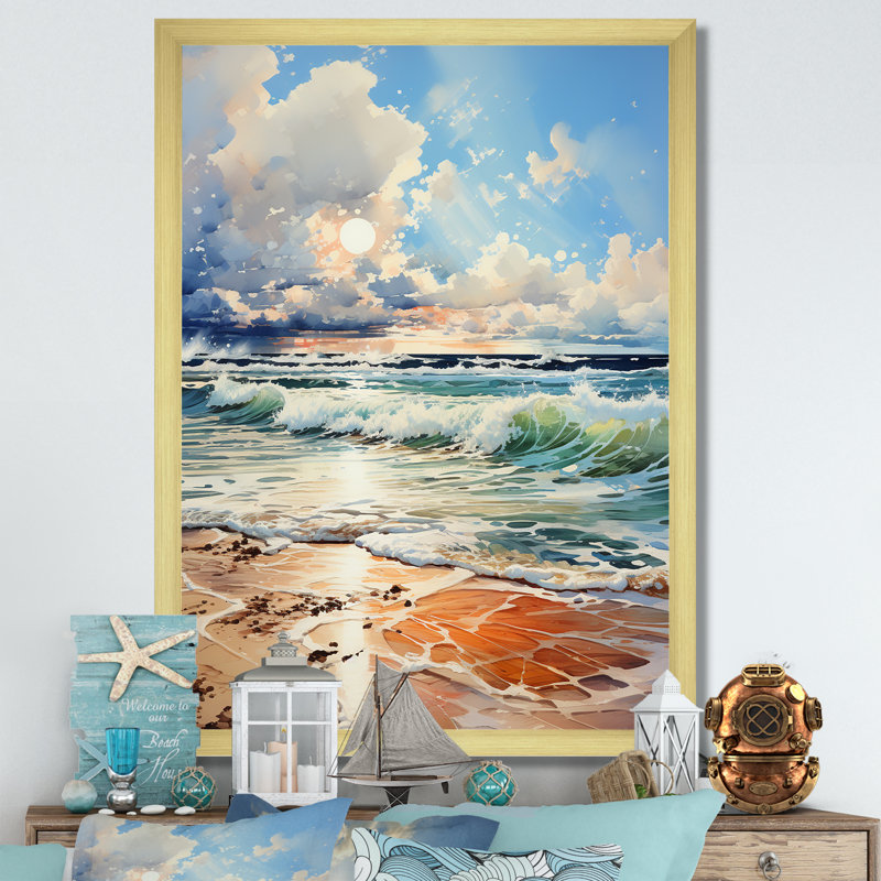 «Coastal Tranquility Horizon» sur toile, H 32 po x l 16 po x P 1 po, Cadre doré simple