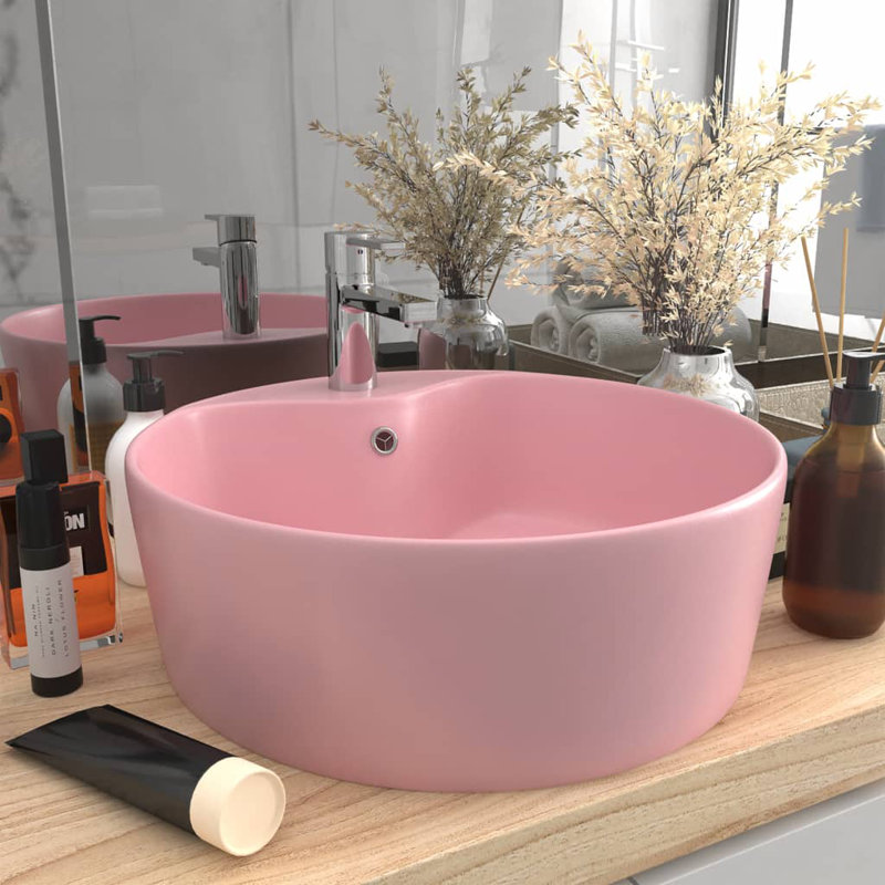 Belfry Bathroom Kyzer 360mm L x 360mm W Ceramic Circular Sink with Overflow, Pink