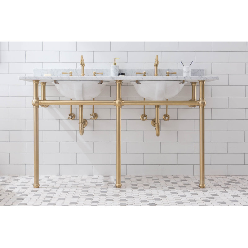 Copeland 33" Tall Stone Oval Console Bathroom Vanity with Faucet and Overflow, Satin Gold