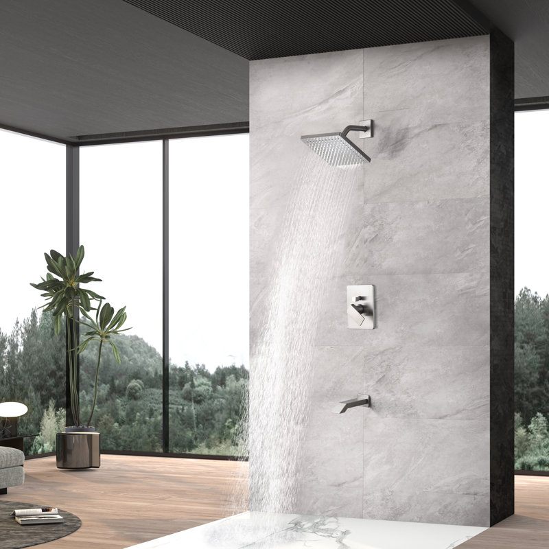 Icon Collection Shower System: 8" Square Rain Shower Head, Tub Spout, & Rough-in Valve Included - Brushed Nickel