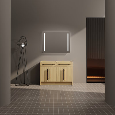 46 7/8" Double Sink Bathroom Vanity Cabinet - Light Oak Finish With Adjustable Shelves, Soft-closing Doors & Metal Handles(black Handle)