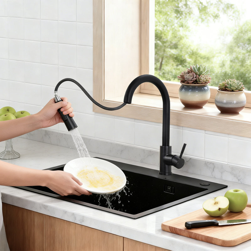 Robinet d'évier de cuisine avec douchette extractible, Noir