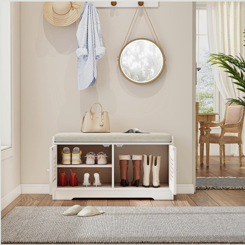 Banc de rangement à chaussures blanc 28,74 po avec coussin, armoire à 2 portes avec tablettes réglables, banc à chaussures pour couloir ou vestibule
