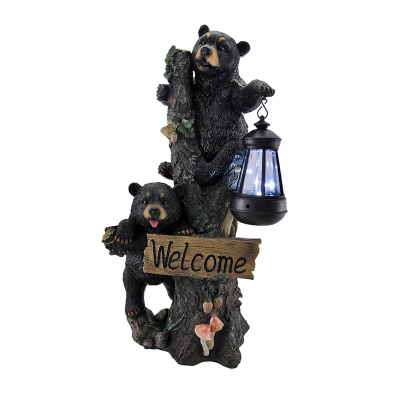 Jandiel Rustic Multicolored Cold-Cast Resin Climbing Bear Cubs Outdoor Garden Statue with Solar LED Lantern — 18.75 X 8.75 X 5.75 Inches