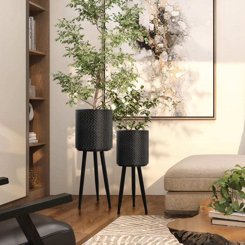2-Piece Black Metal Indoor Planters with Stand