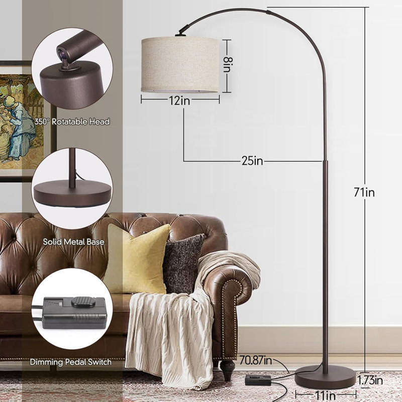 Dimmable Arc Floor Lamp With Adjustable Shade, Brown Tall Pole Lamp, Mid-Century Style For Living Room, 9W LED Bulb