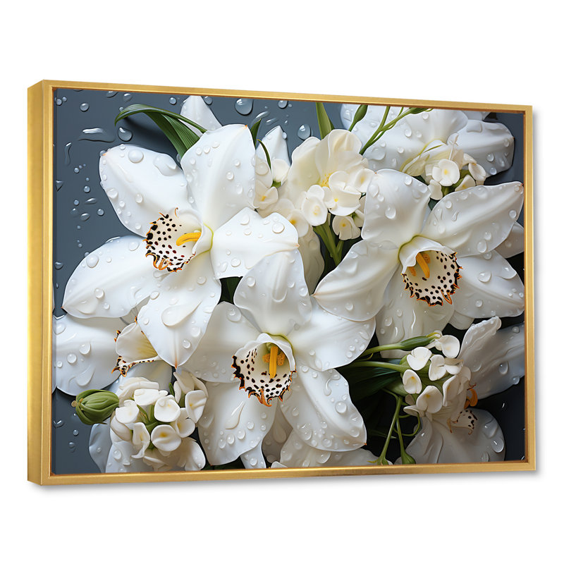 «White Orchids Still Life», reproduction d'art sur toile, H 30 po x l 40 po x P 1,5 po, Cadre flottant doré