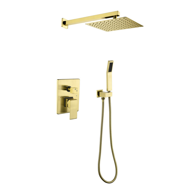 10 Inches Rain Shower Head With Handheld In Bathroom System, Brushed Gold Wall Mounted High Dual And Faucet Trim Gold, Valve