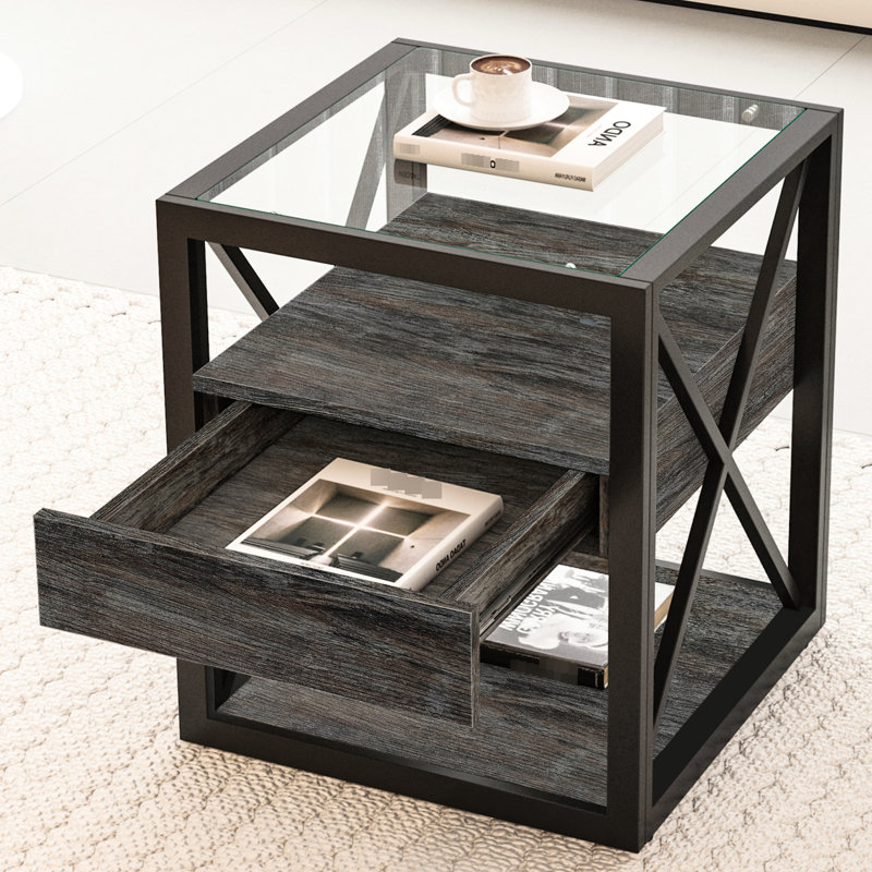 Ensemble de 2 tables d'appoint modernes avec tiroir, idéal pour la chambre à coucher et le salon. Finition en bois rustique et plateau en verre trempé résistant aux rayures. Design compact et style industriel.