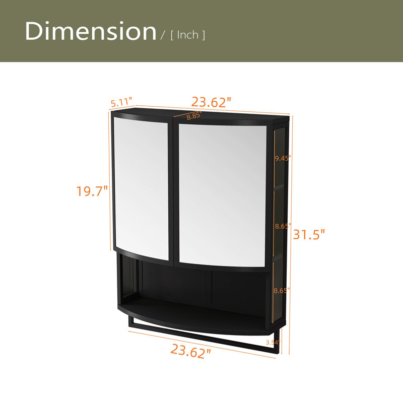 Penderie moderne en verre arqué 23,62 "à deux portes avec miroir incassable sans verre - double couche, Noir