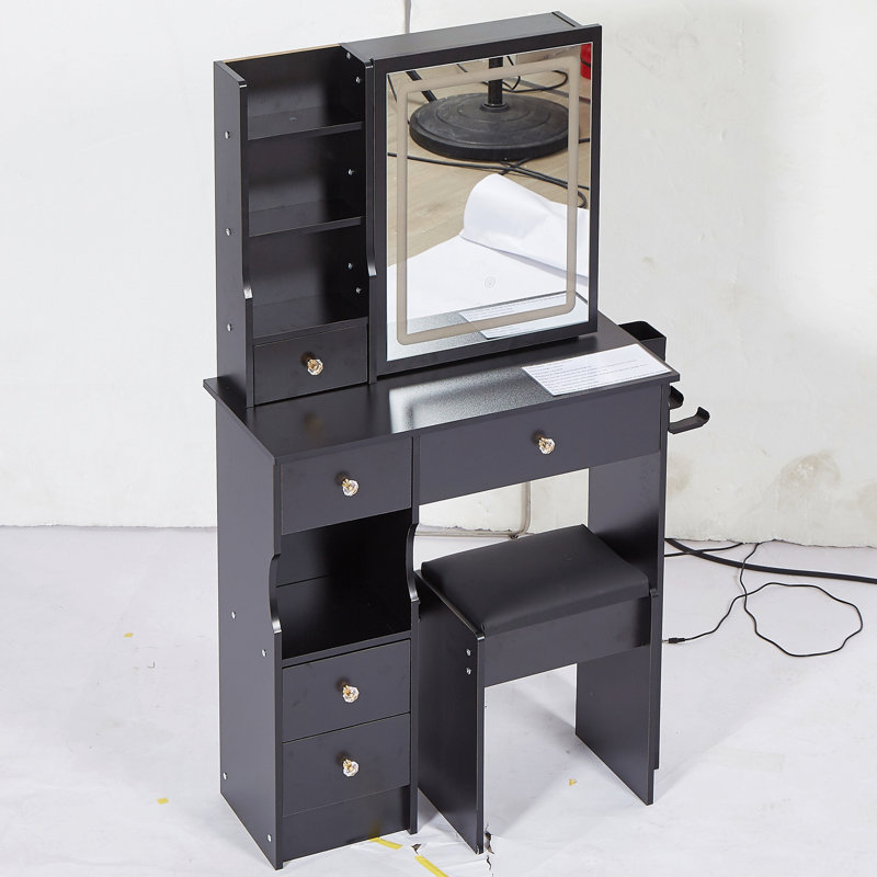 29.2" Small Size Left Drawer Desktop Vanity Table With Cushioned Stool, 2 Ac+2 Usb Power Station, Hair Dryer Bracket, Extra Large Touch Control Sliding Led Mirror, Tri-Color Switching