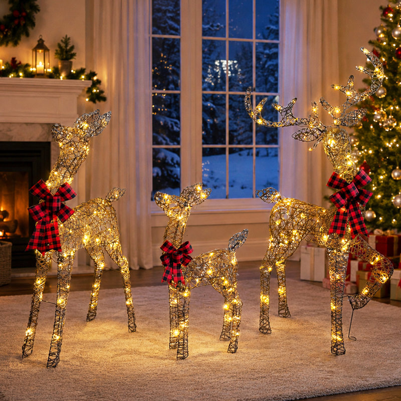 Décoration de Noël extérieure en rotin 3D représentant une famille de rennes, 130 cm (51 po), avec lumières DEL blanc chaud et 3 pièces.