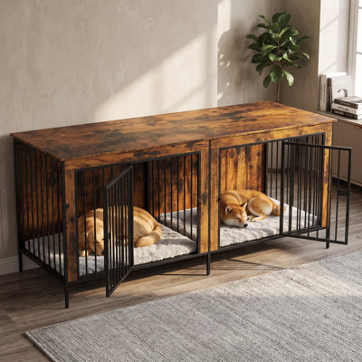 Caisse pour chien 78,7 po à deux compartiments - Fer et bois robustes avec cloison - Noir rustique et noyer