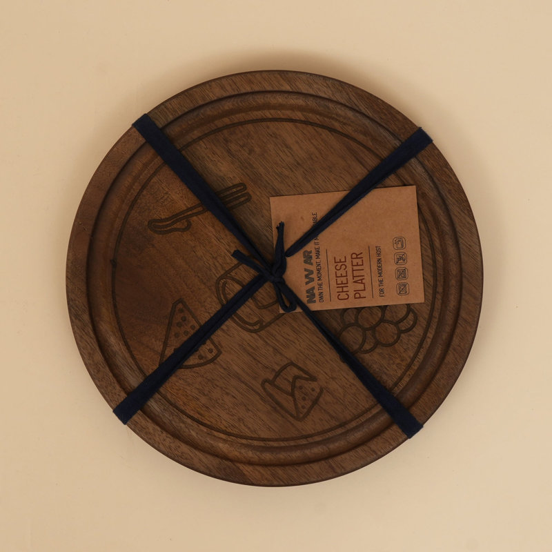 Plateau à fromage rond de 28 cm en bois de manguier avec des motifs alimentaires gravés | Plat de service décoratif