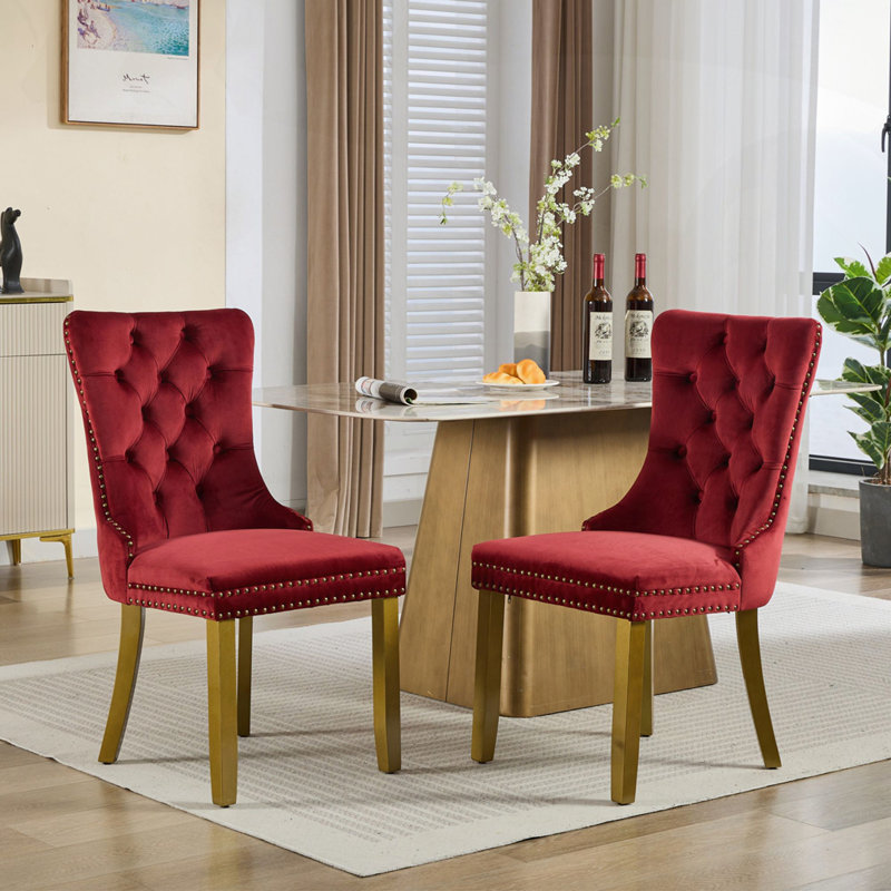 Modern Upholstered Dining Chair 2-Pcs Set, Wine Red