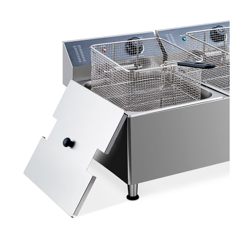 Friteuse électrique 23,2 pte avec panier et couvercle, friteuse à huile de comptoir en acier inoxydable 11 + 11 L avec contrôle de température, friteuse à réservoir unique pour la cuisine et le restaurant