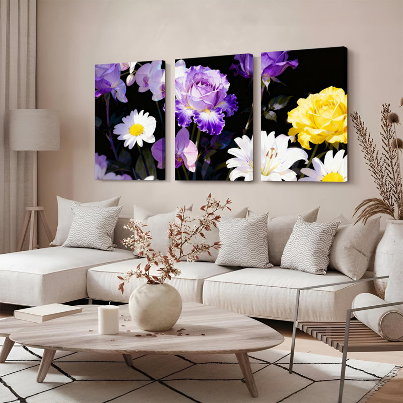 Tableau mural sur toile tendue à motif floral d'orchidées violettes et de marguerites (ensemble de 3), H 30 po x l 60 po