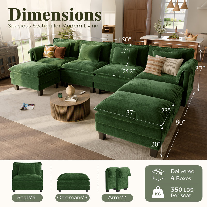 Amabilia 7-Piece 153'' U-Shaped Comfy Cloud Modular Sectional Sofa With Deep Seat, 4-Seat Sofa With Removable Ottomans-Chenille Fabric-Green