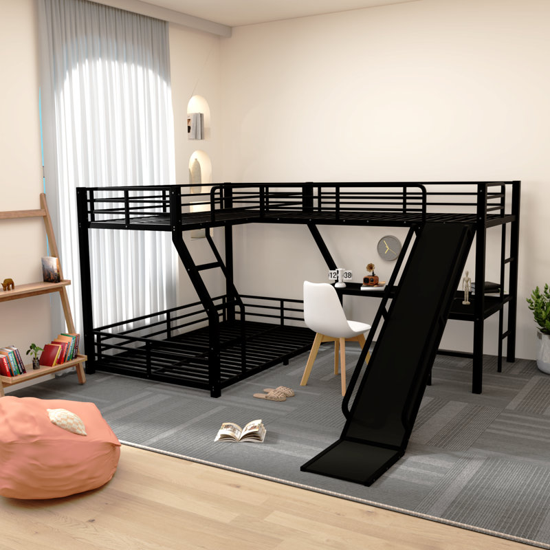 Black Metal Twin Over Full L-shaped Bunk Bed With Loft Bed And Usb With Slide, Twin/Twin Over Full