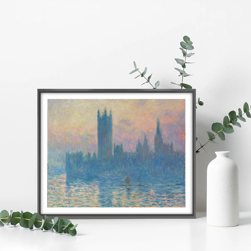 Monet Sunset Art mural, paysage impressionniste encadré d'un paysage d'eau, H 8 po x l 10 po, Encadrement métallique noir