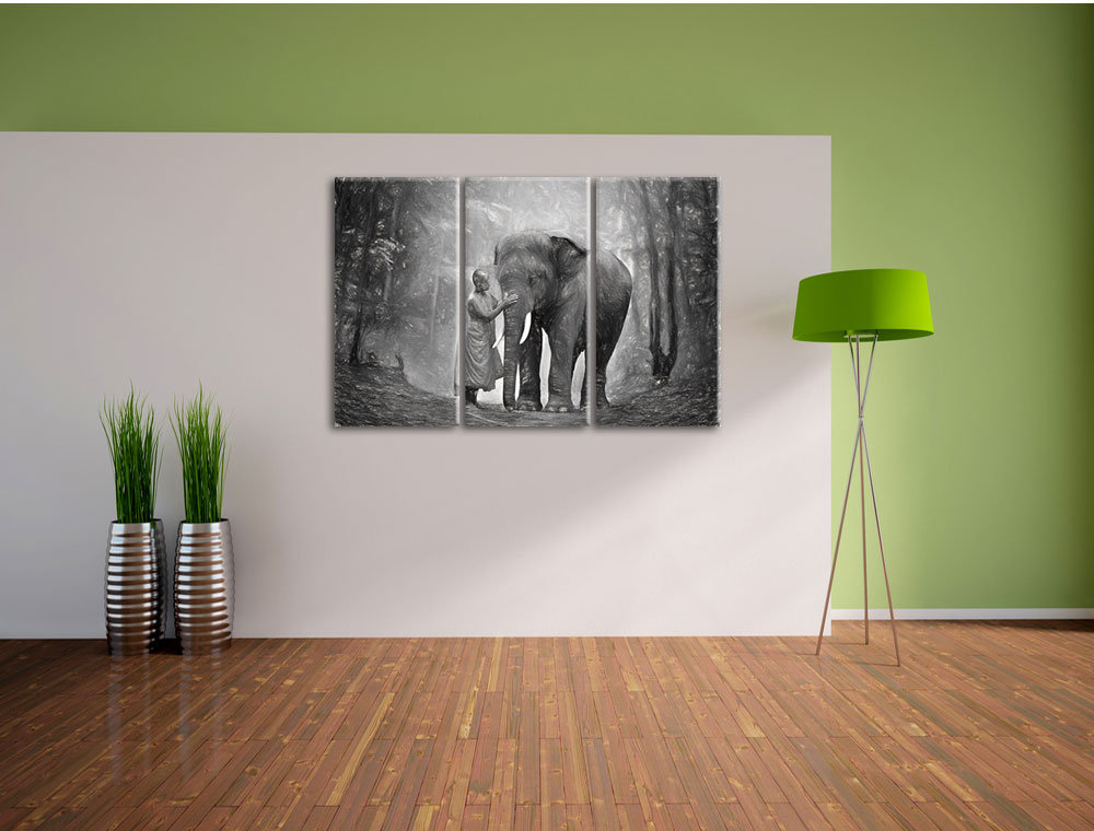 3-tlg. Leinwandbild-Set „Wunderschöner Elefant mit Mönch“, Kunstdruck