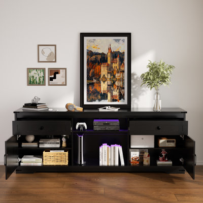 Tv Stand For 75 Inch Tvs, Entertainment Center With Storage Cabinets, Power Outlet & Led Light, Media Tv Console With Barn Doors For Living Room
