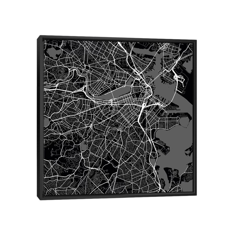 « boston urban routes map », impression sur toile tendue en noir, H 37 po x l 37 po x P 1,5 po, Toile avec cadre noir