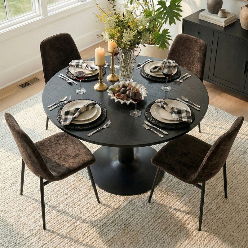 Ensemble de table de salle à manger pour 4 personnes avec table ronde et 4 chaises rembourrées en chenille, Brun