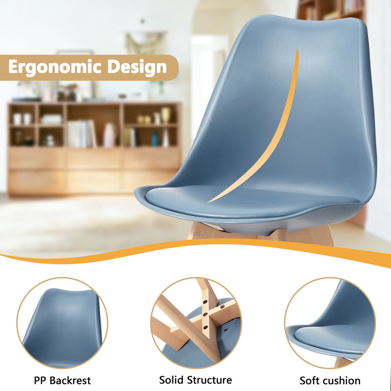 42.5cm Modern style Dining Chair, Padded Plastic Side Chair with Solid Wood Legs, Dark Blue, 6