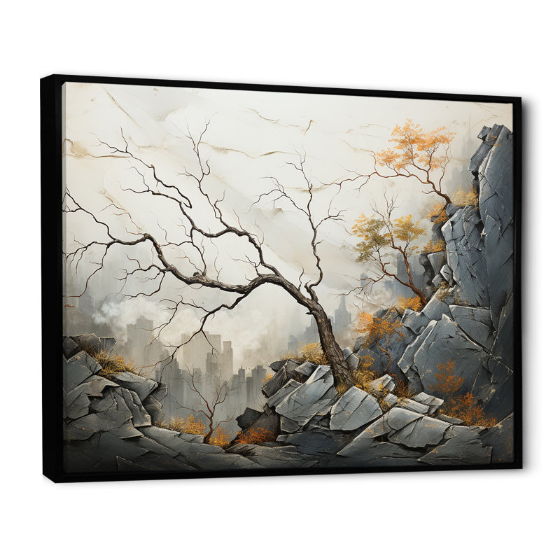 Minimalisme, forêt calme de rivière II - décor mural abstrait, Cadre flottant noir, H 16 po x l 32 po