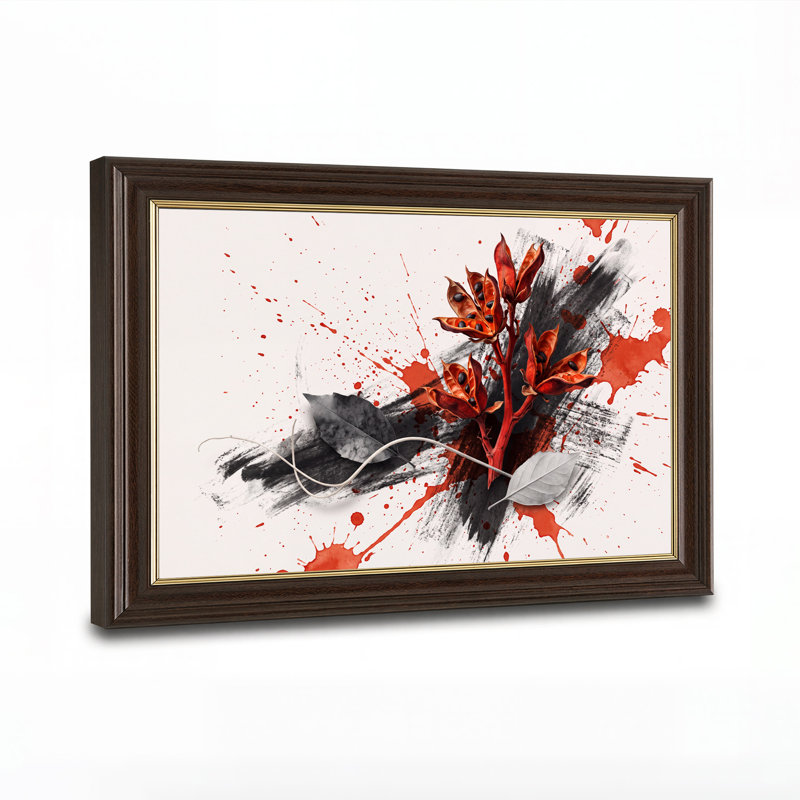 Toile rouge, cosses rouges avec feuilles grises et éclaboussures d'encre sur toile, H 16 po x l 24 po