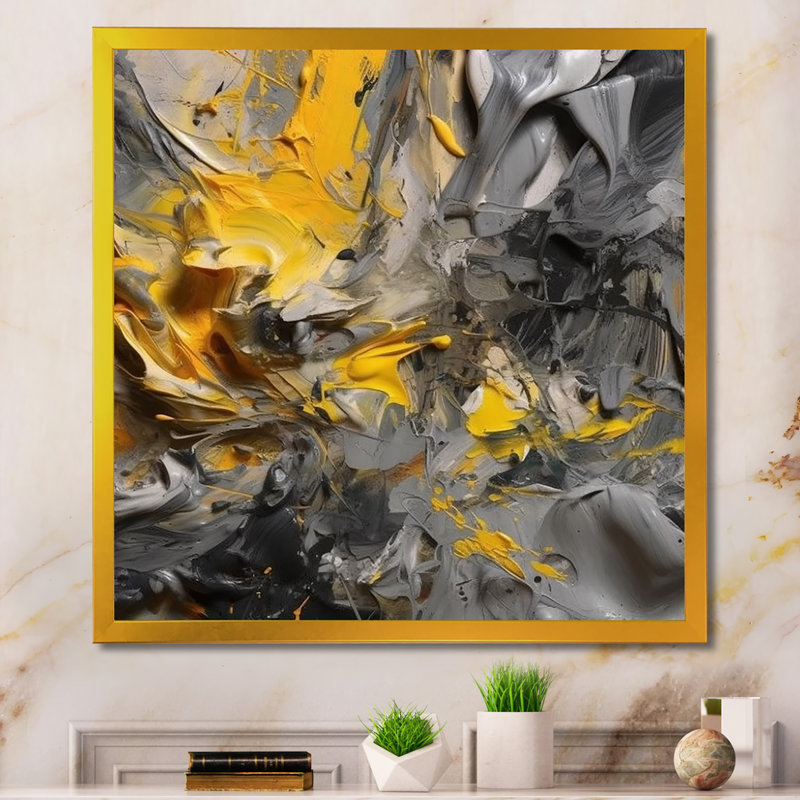 Deonka jaune moutarde et gris vif - décoration murale abstraite, Encadrement doré, L 36 po x H 36 po