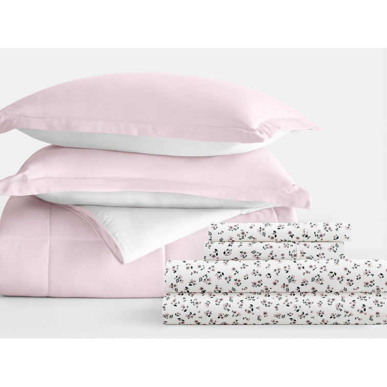 7-Piece Reversible Bedding Bundle - Solid Comforter and Patterned Sheet Set