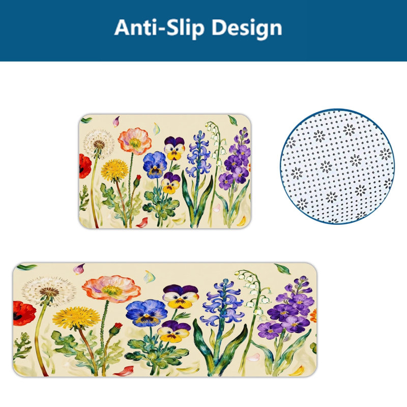 Vintage Wildflower Watercolor 2 Pack Kitchen Rugs, Kitchen Dining Room, Beige