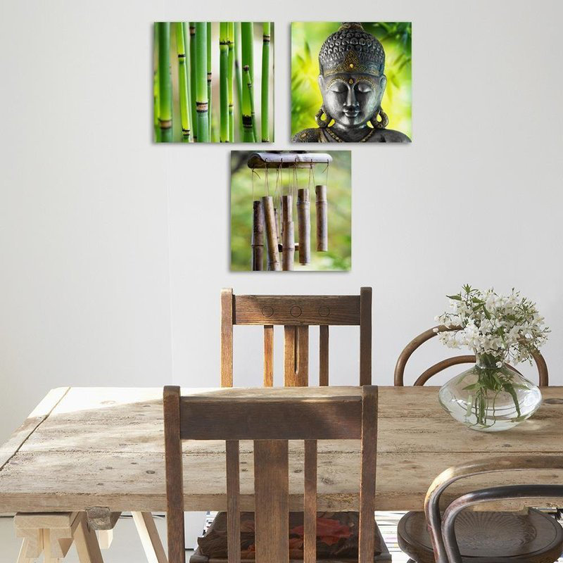 3-tlg. Leinwandbilder-Set Buddha Bamboo Green Zen