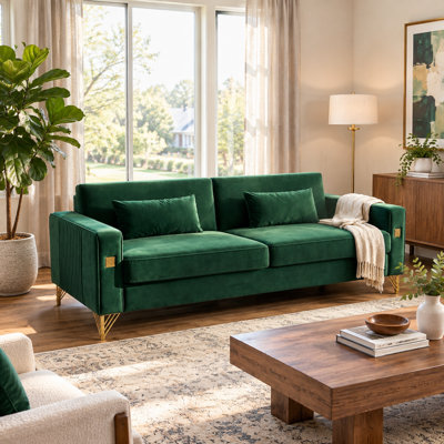 Canapé rétro en velours vert 3 places avec détails dorés – Canapé moderne et moelleux pour salon et bureau, montage et entretien faciles
