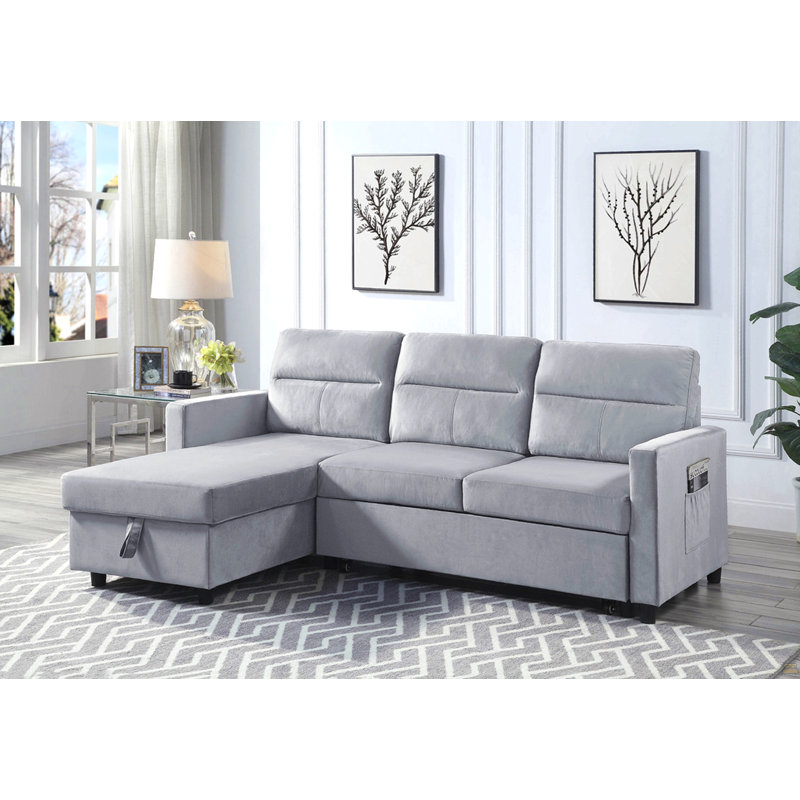 Canapé-lit modulaire réversible en velours gris clair de 81,5 po Ruby avec méridienne de rangement et poche latérale