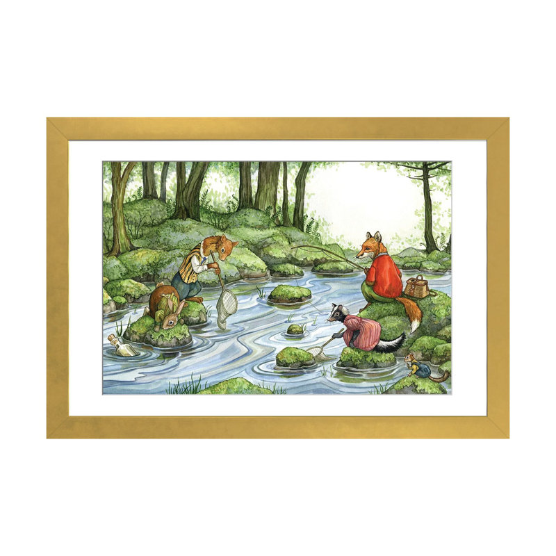 Pêche avec le renard et ses amis, Papier avec cadre doré doré, Blanc, H 24 po x l 32 po x P 1 po