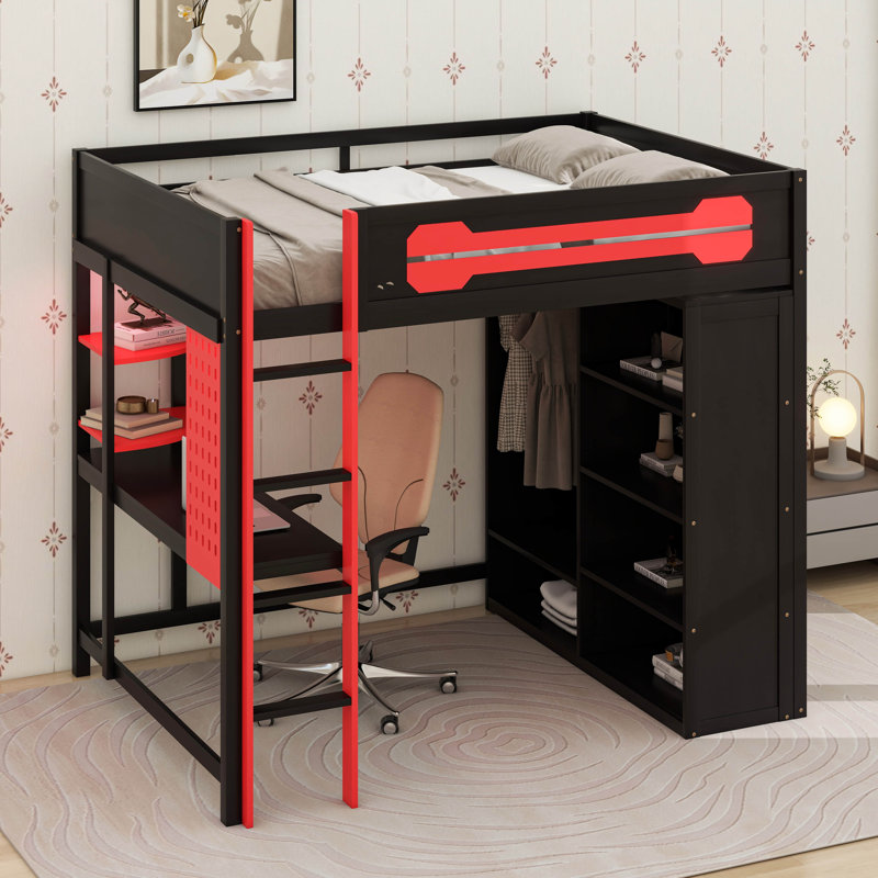 Lit mezzanine double avec bureau, garde-robe ouverte et éclairage RVB, lit de jeu rouge avec ports USB et tablettes, Rouge