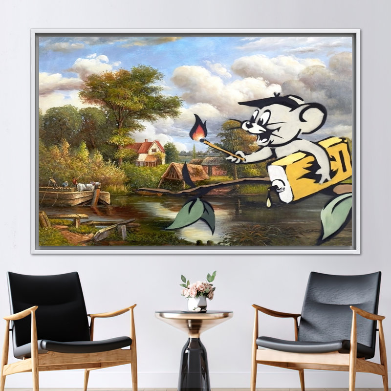 «Corrupted Oil Jerry Graffiti», art mural sur toile 3D - cadeau unique inspiré de Banksy, H 37 po x l 61 po, Blanc