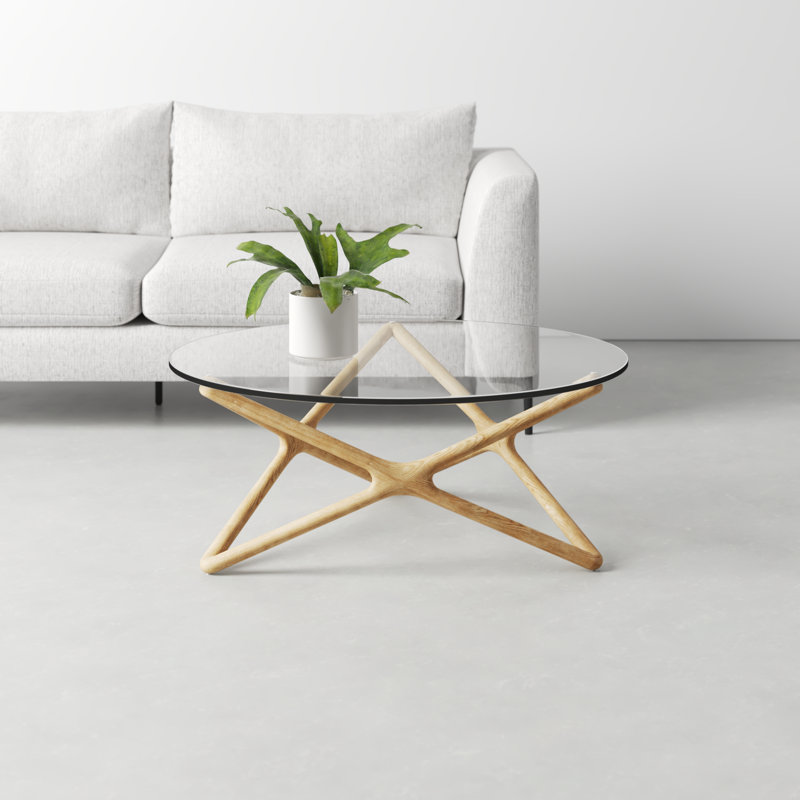 Natural Wood X-Leg Round Glass Coffee Table