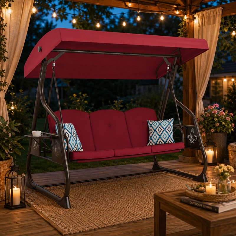 Balancelle-lit robuste pour terrasse ou véranda, avec auvent réglable et tables d'appoint pliables, Rouge