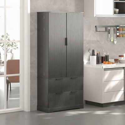 72 Inch Modern Fluted Kitchen Pantry Cabinet with 2 Large Drawers by Winston Porter
