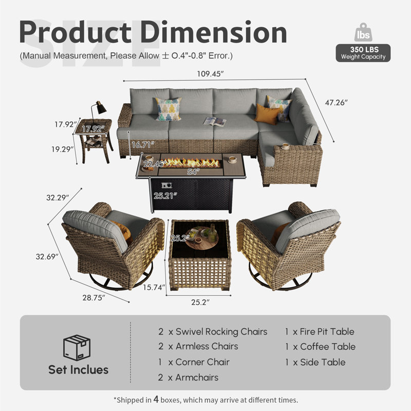7-Seat All-Weather Outdoor Wicker Patio Conversation Furniture Set With Expandable Fire Pit Table, Dark Gray