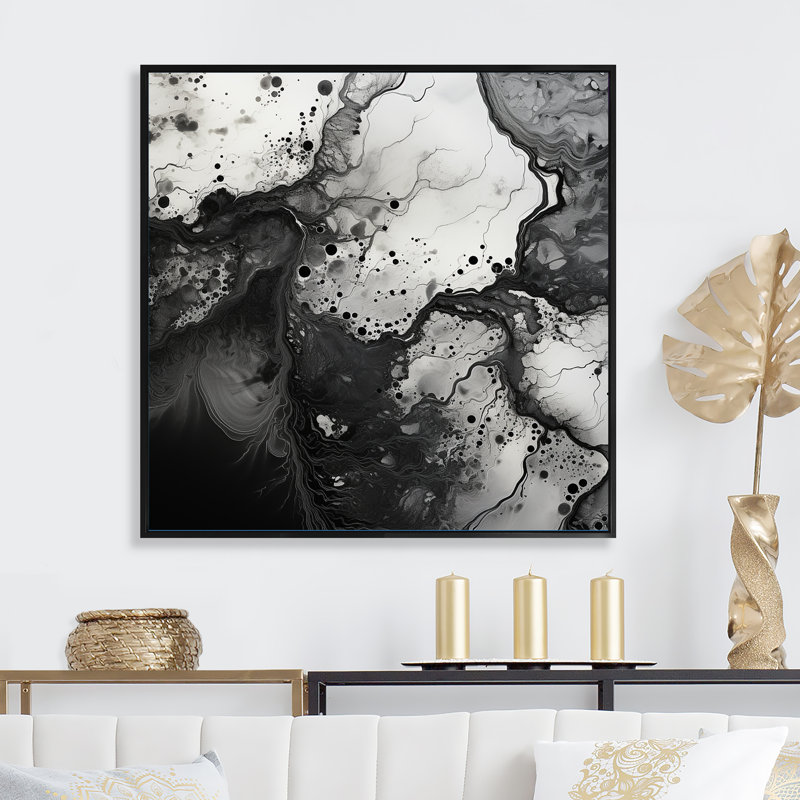 «Black Ink», encre liquide noire et blanche, sur toile, Encadrement doré, H 36 po x l 36 po