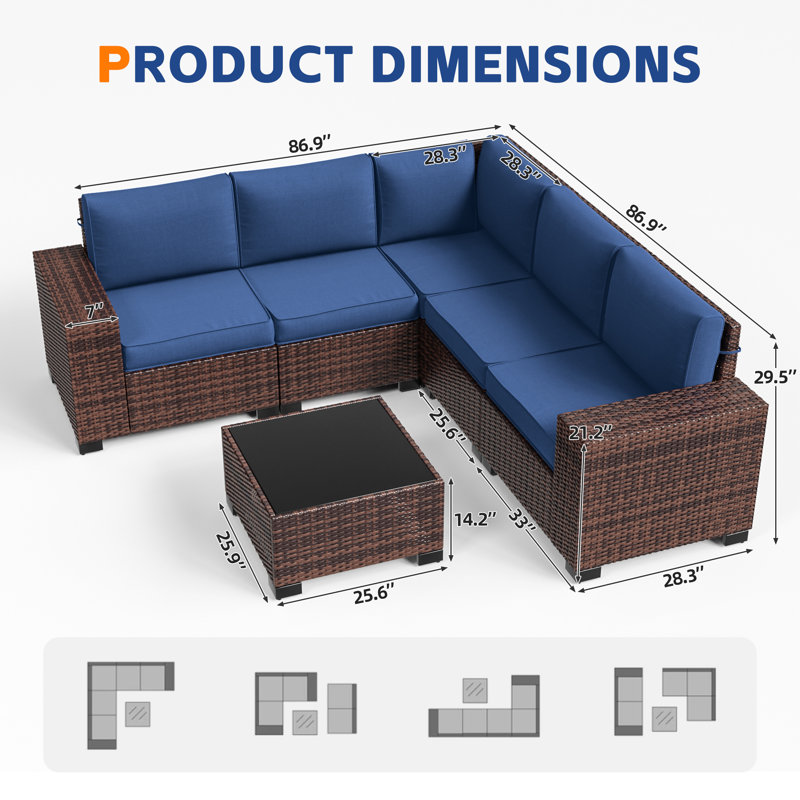 5 - Person Wicker Outdoor Modular Sectional Seating Group with Cushions, Navy Cushion/Brown Frame, 6 Pcs: Table, 5 Chairs