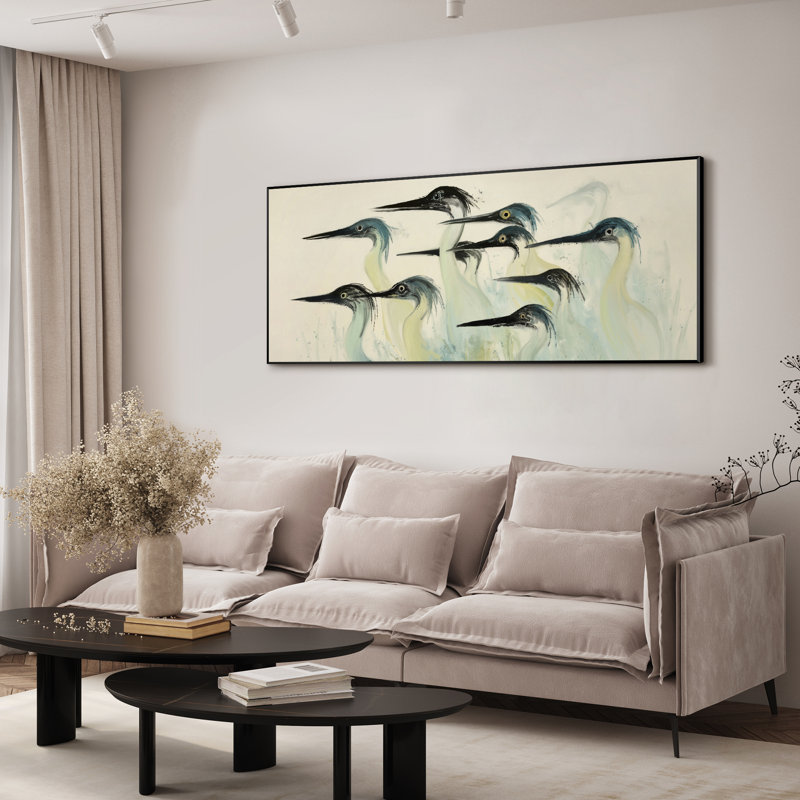 Très grande reproduction d'art moderne aigrette, décor d'oiseaux d'eau dans des tons neutres doux pour la salle à manger ou le vestibule, assemblage du cadre requis (assemblage du cadre requis)
